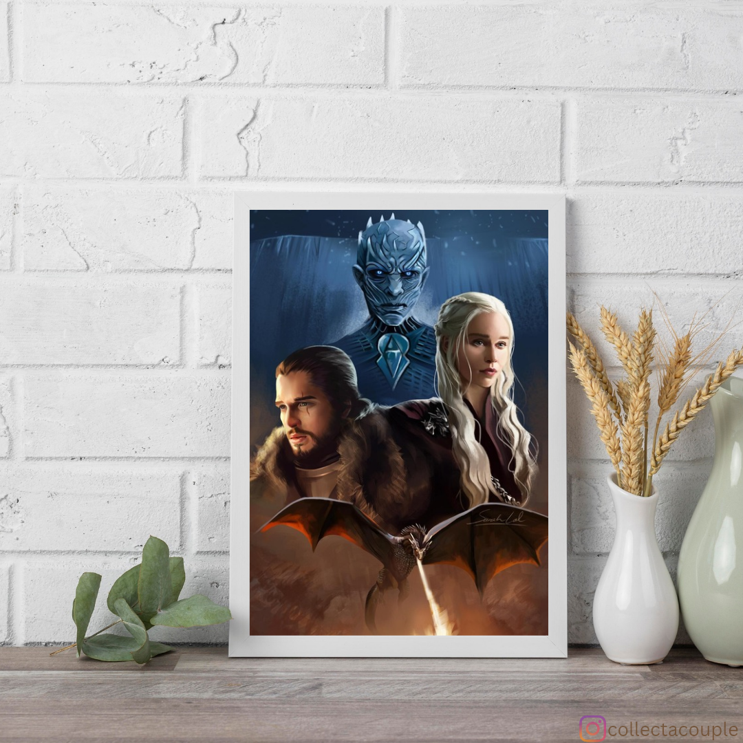 Game of Thrones: Jon Snow, Daenerys Targaryen and The Night King Illustrated Framed Poster