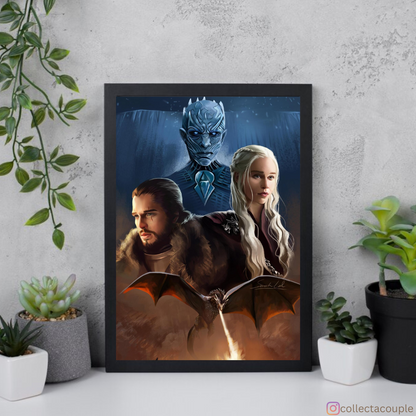 Game of Thrones: Jon Snow, Daenerys Targaryen and The Night King Illustrated Framed Poster